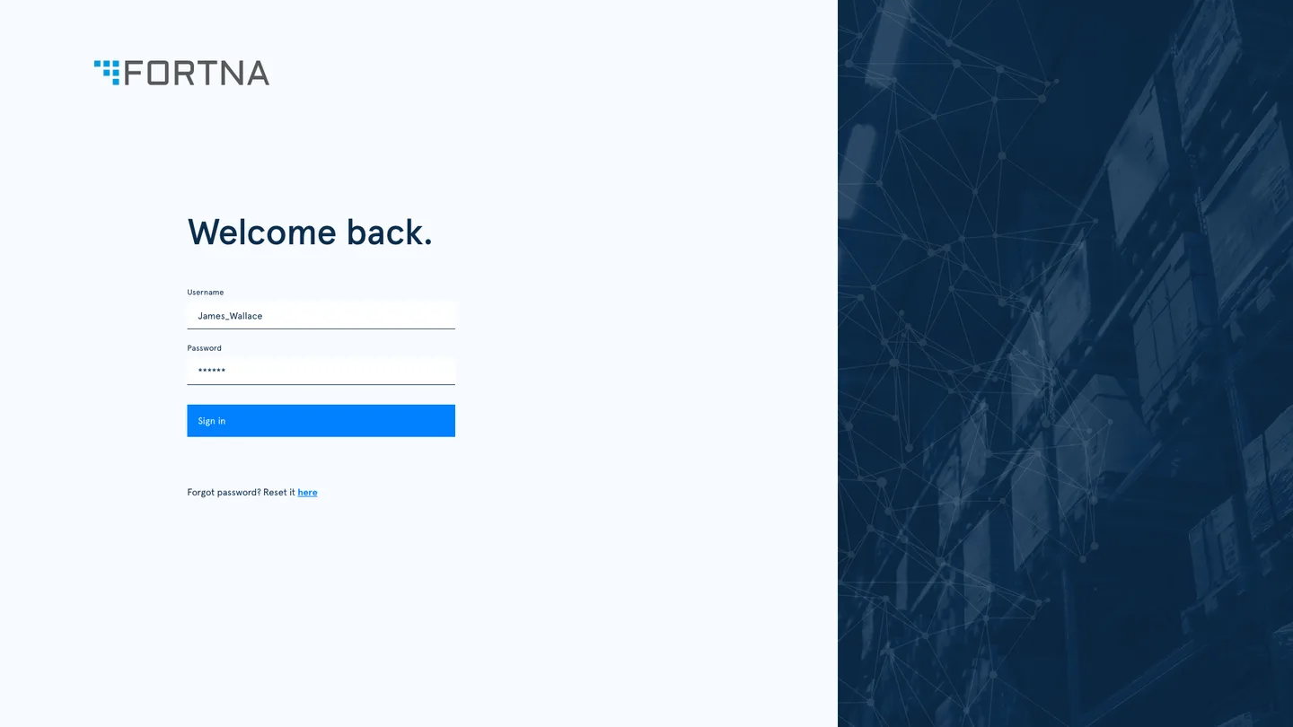 FortnaWES login screen showing username and password fields with warehouse interior background