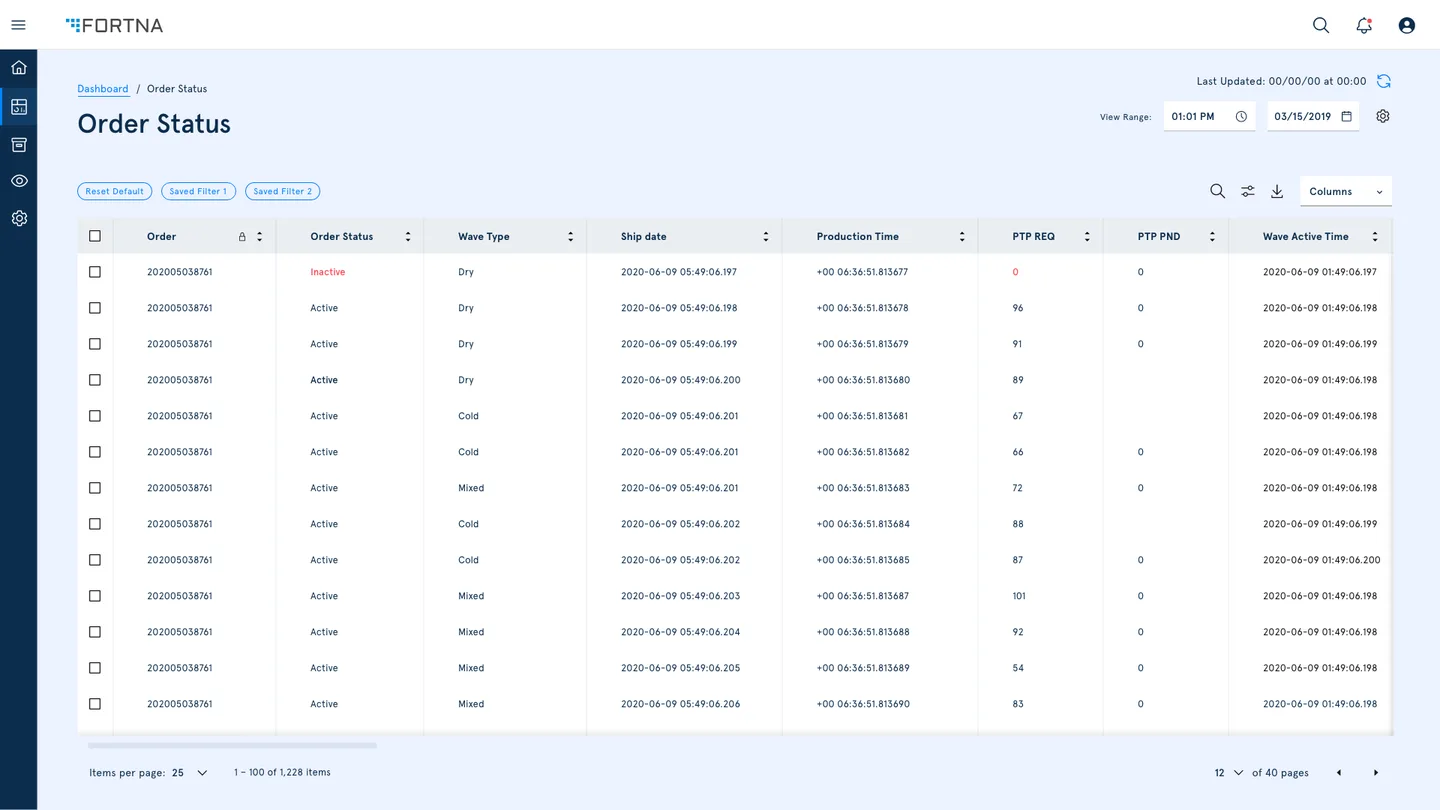FortnaWES Order Status look up view with customizable table columns, smart filters, and inline actions