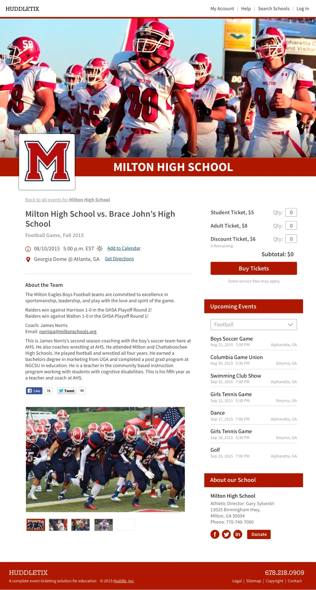 GoFan event detail page showing Milton High School ticket purchasing