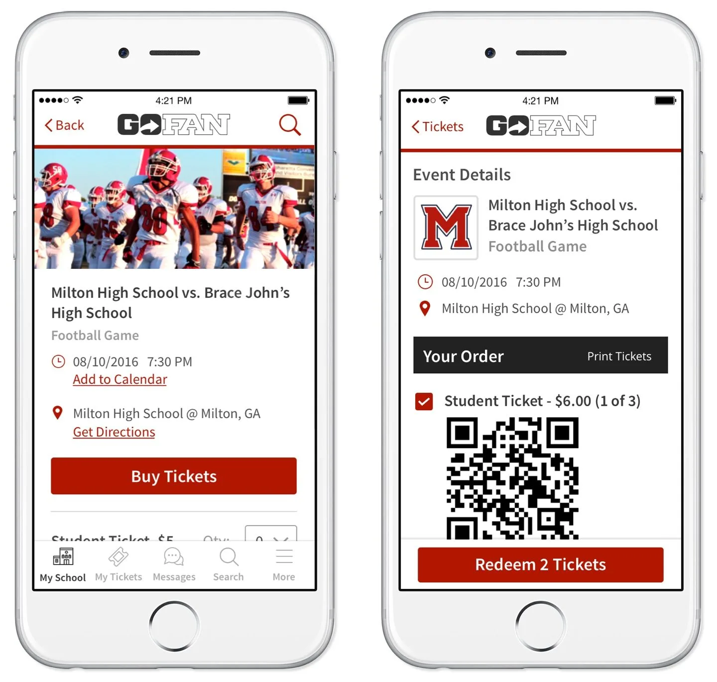 GoFan mobile app showing event listing and digital ticket with QR code