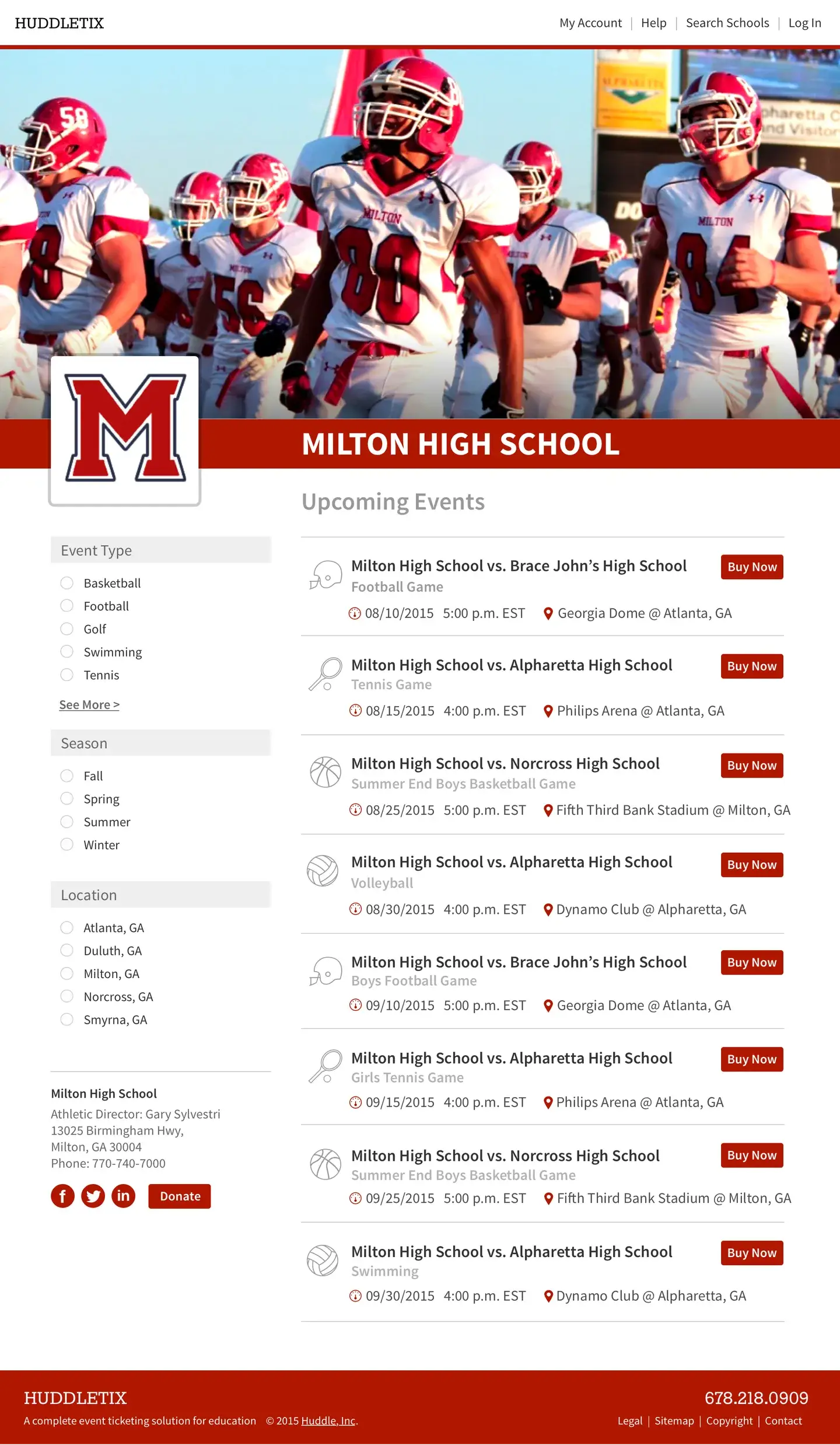 GoFan school events page desktop view showing Milton High School events