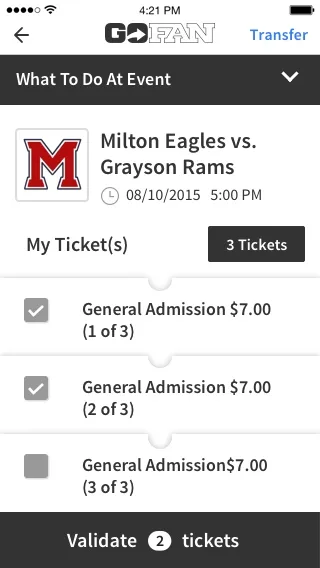 GoFan validator mode showing ticket validation screen