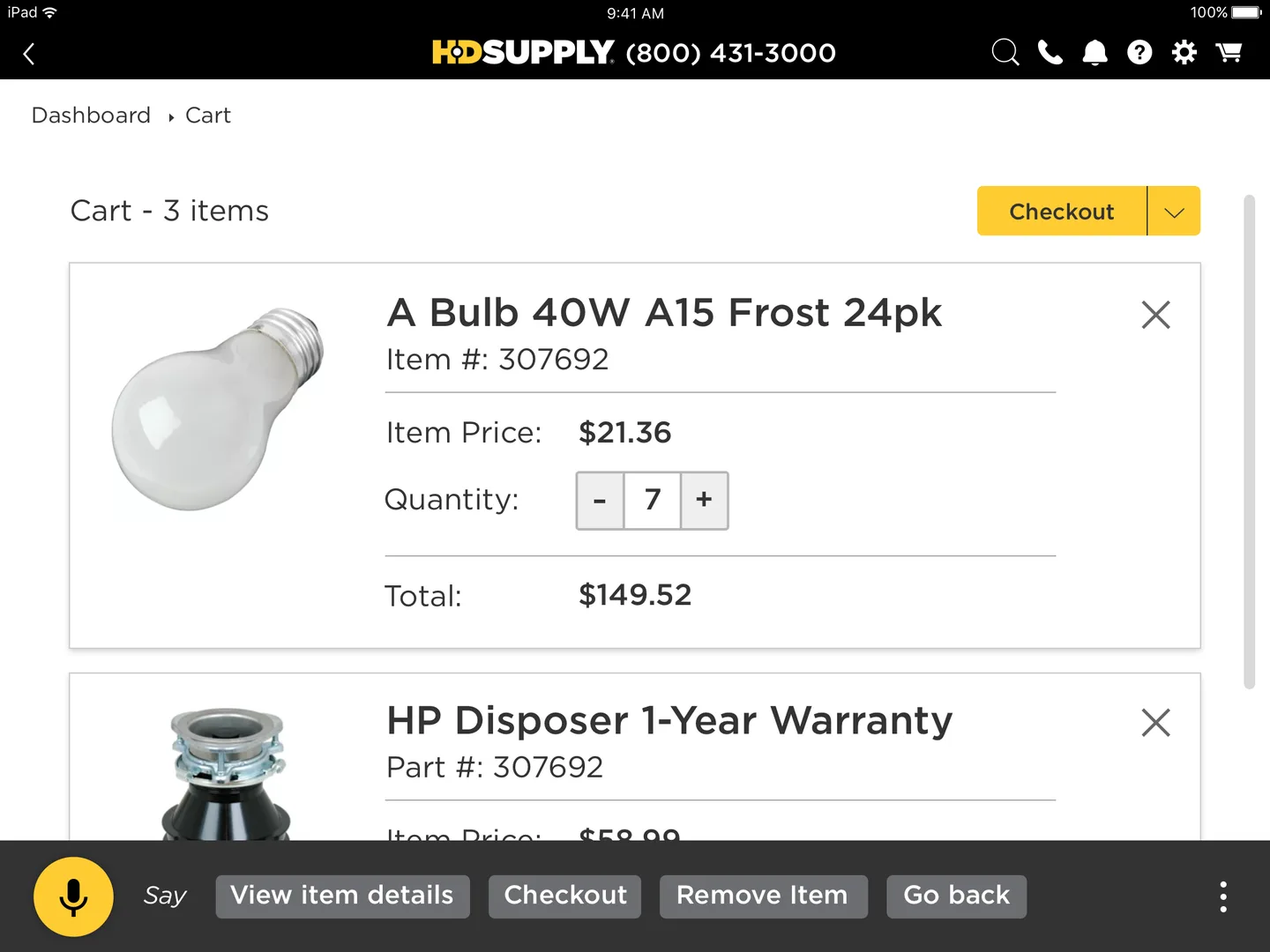 Shopping cart showing 3 items including A Bulb 40W A15 Frost with quantity selector, pricing, and voice command options for View item details, Checkout, Remove Item, and Go back