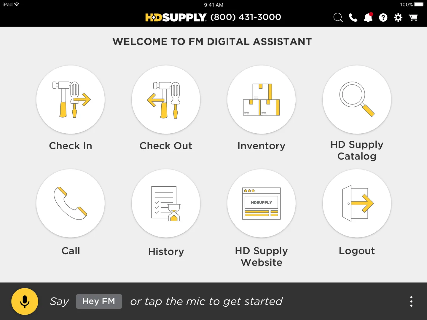 HD Supply Digital Shop Assistant touch-mode dashboard showing Check In, Check Out, Inventory, HD Supply Catalog, Call, History, and Logout actions with voice command bar