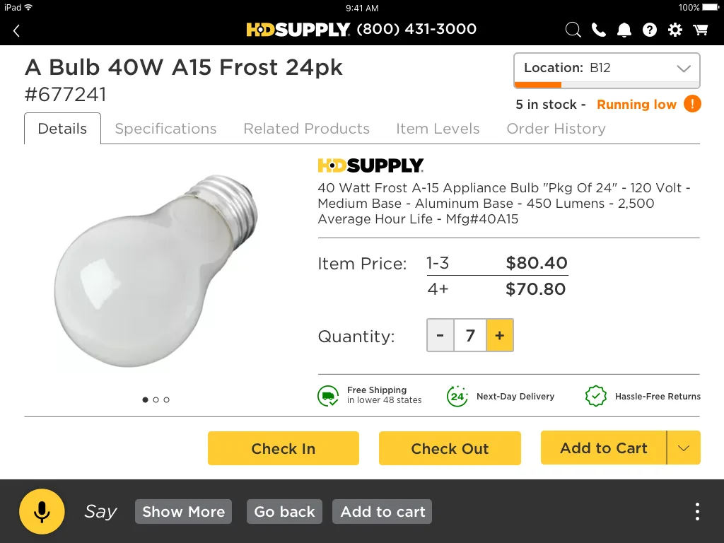 Product detail screen showing A Bulb 40W A15 Frost pricing, specifications, inventory location, stock level with Running Low warning, and Check In, Check Out, and Add to Cart actions