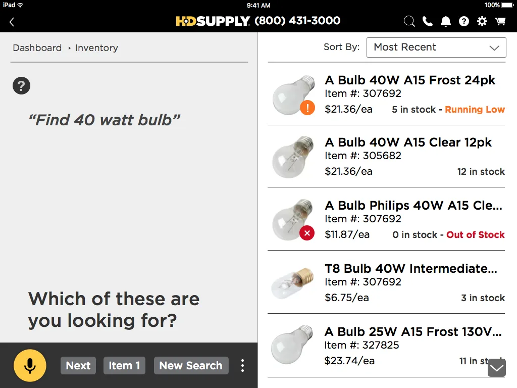Voice search results for 40 watt bulb showing inventory quantities, pricing, stock status with Running Low and Out of Stock indicators, and voice command options