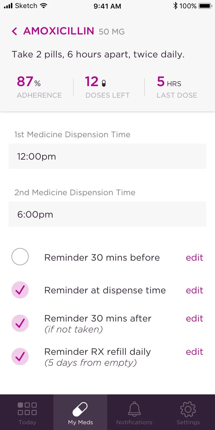 tad app medication detail view showing Amoxicillin 50mg with 87% adherence, dispensation times, and configurable reminder settings
