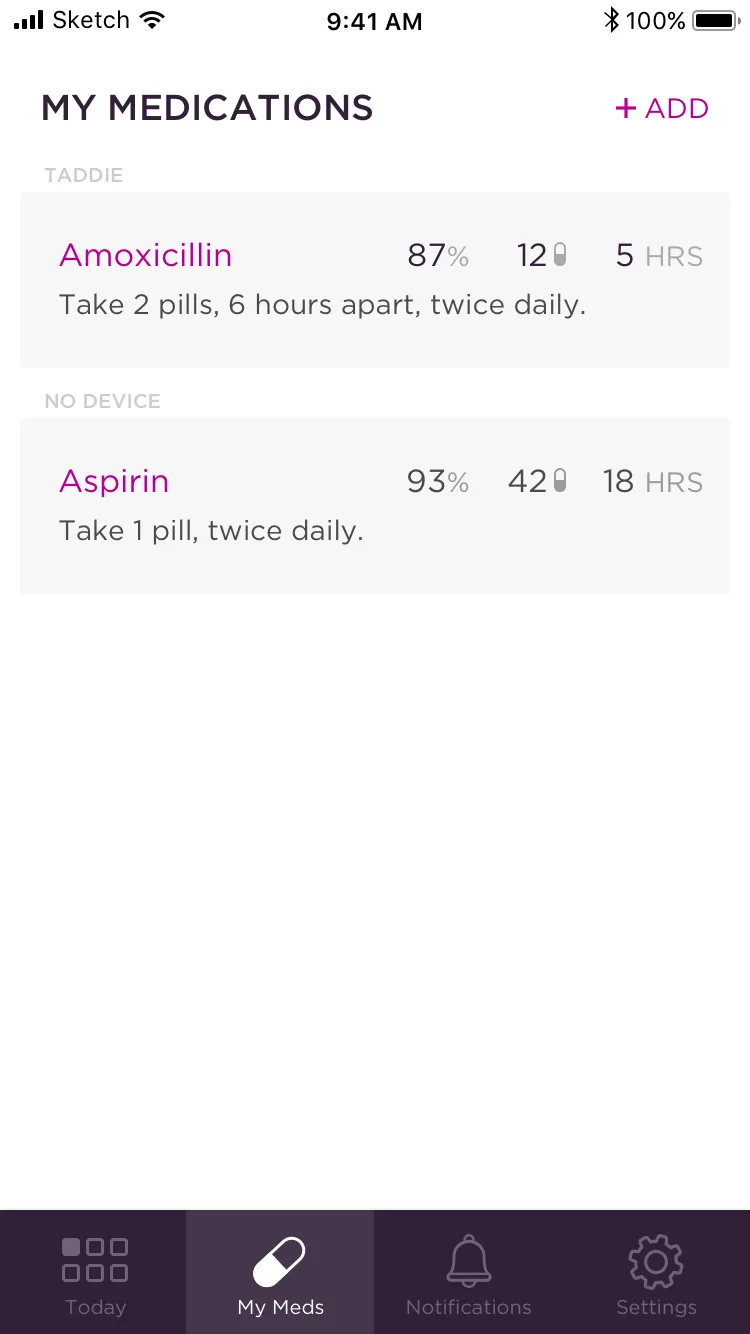 tad app My Medications screen showing list of active medications with adherence percentage, doses left, and time since last dose
