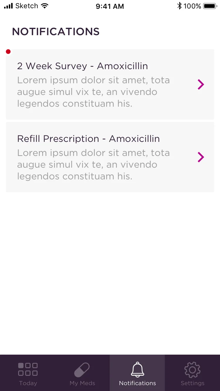 tad app notifications screen showing device alerts, trial messages, and prescription reminders