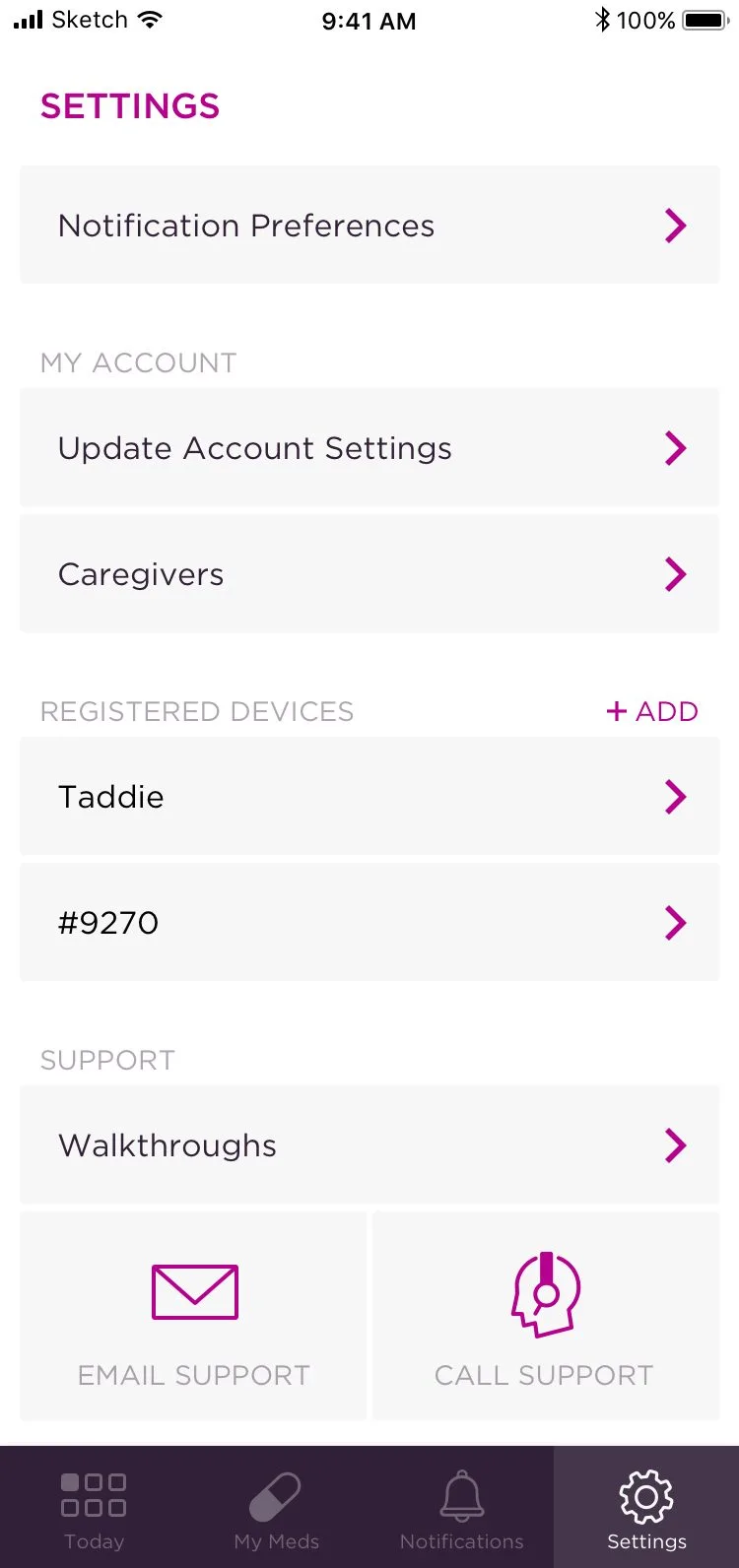 tad app settings screen showing notification preferences, account settings, caregivers, registered devices, and support options