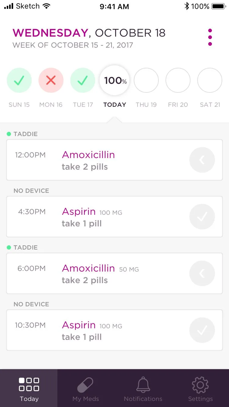 tad patient app Today screen showing daily medication schedule with adherence scores, dispensation times, and weekly history