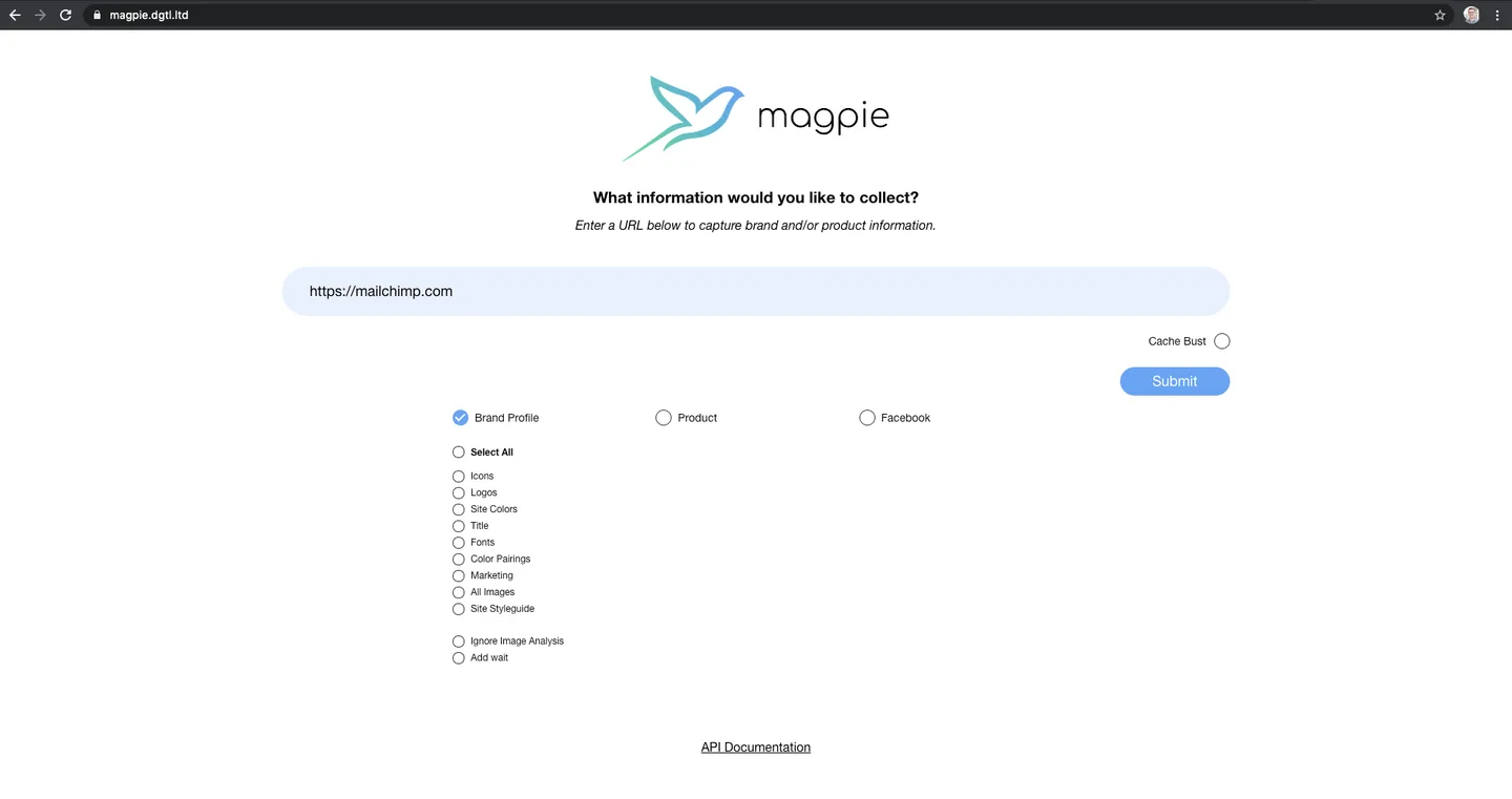 Magpie testing interface showing URL input field, brand profile and product scraping options for capturing website brand assets