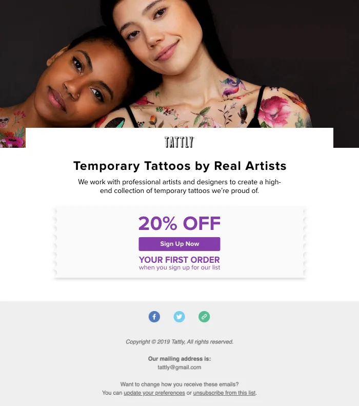 AI-generated branded email campaign with hero image, logo, brand colors, about copy, tagline, and promotional offer automatically composed from website content