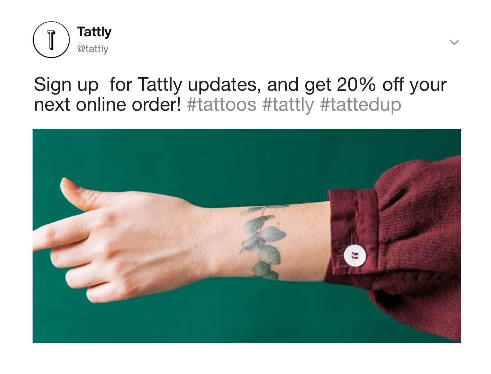 AI-generated Twitter post with product-focused imagery, promotional text, and auto-generated relevant hashtags