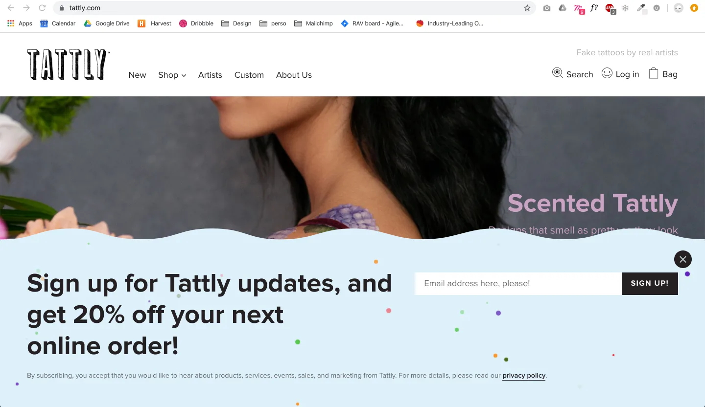 Raven detecting a marketing popup trigger on the Tattly ecommerce website, identifying the 20% off signup offer as primary campaign content