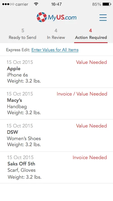 Action Required tab showing packages from Apple, Macy's, DSW, and Saks that need declared values or merchant invoices before customs clearance