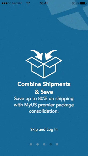 MyUS.com app onboarding card explaining package consolidation with Combine Shipments and Save messaging