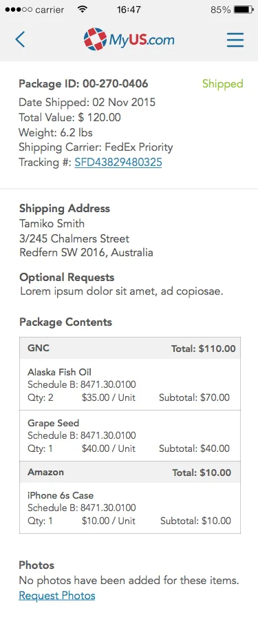 Shipped order detail showing package ID, shipping address in Australia, carrier information, and itemized package contents with costs