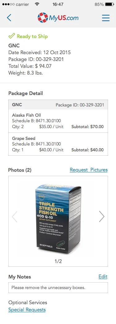Package detail screen showing GNC order with item breakdown, photos, customs schedule codes, and options for notes and special requests