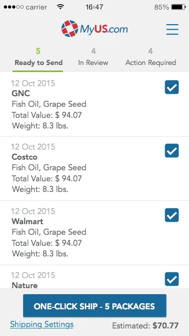 MyUS.com mobile app showing the Ready to Send package list with one-click ship button and estimated shipping cost