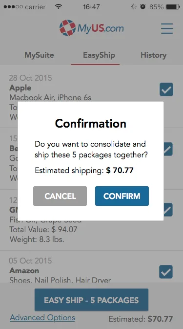 Ship confirmation dialog asking the user to confirm consolidation of 5 packages with an estimated shipping cost of $70.77