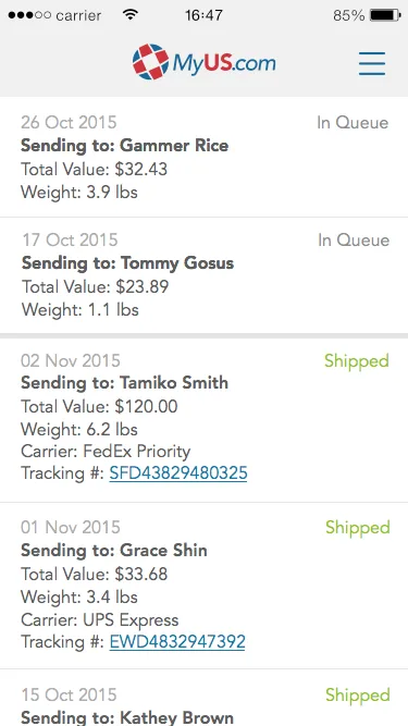 Shipping history screen showing in-queue and shipped packages with carrier names, tracking numbers, and delivery status