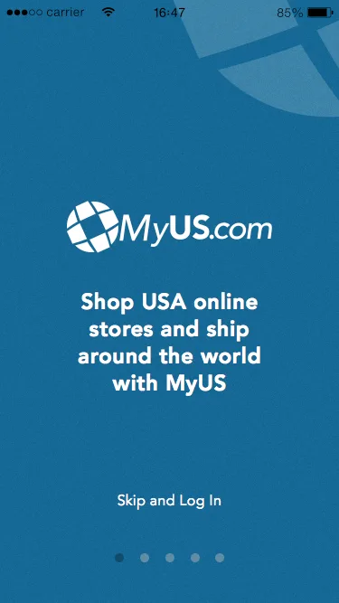 MyUS.com app welcome screen showing the tagline Shop USA online stores and ship around the world with MyUS