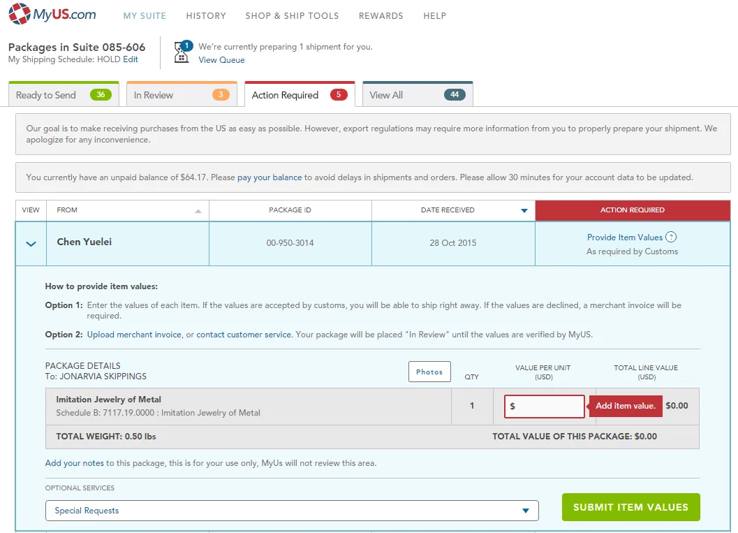 MyUS.com desktop web application showing the package management dashboard with items in review, action required statuses, and customs value entry form