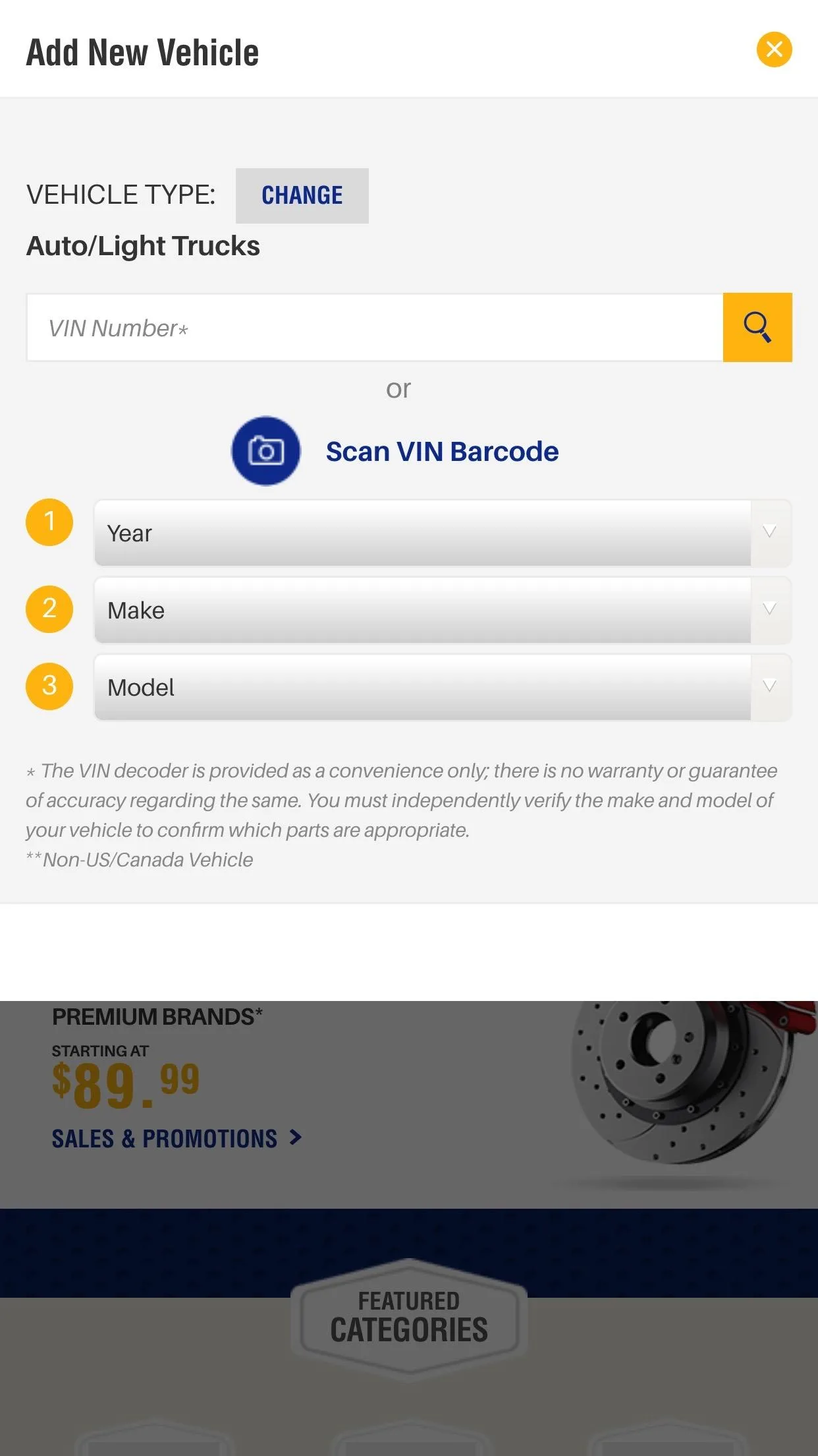 NAPA app Add New Vehicle screen with VIN scanner and year/make/model selection