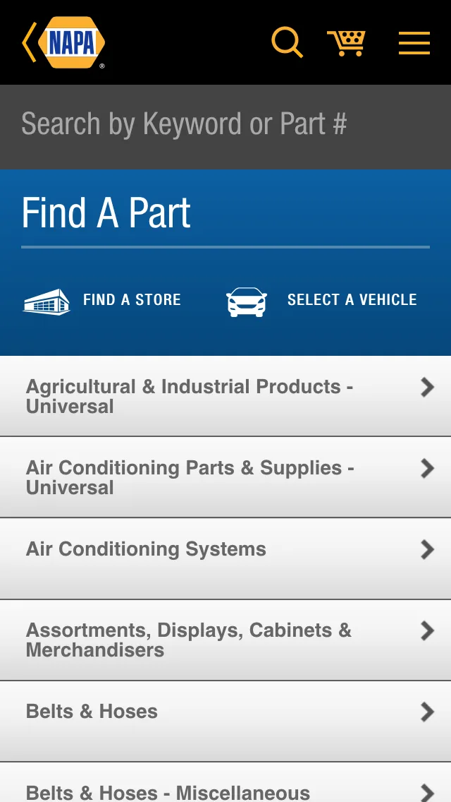 Redesigned NAPA parts browsing screen