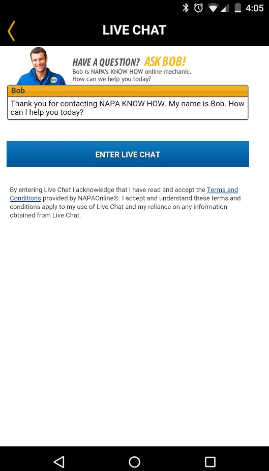 NAPA app Ask Bob live chat screen with BoldChat integration