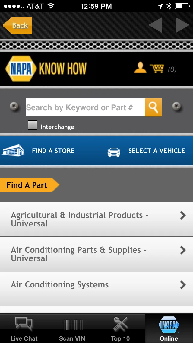 Original NAPA parts browsing screen