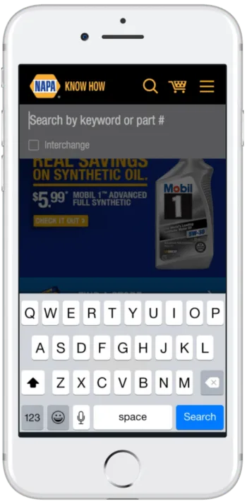 NAPA app search screen with keyword and part number lookup