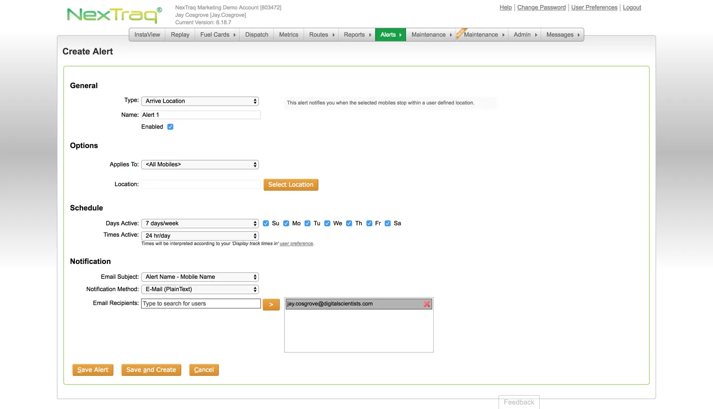 NexTraq legacy Create Alert form — cluttered, dated interface