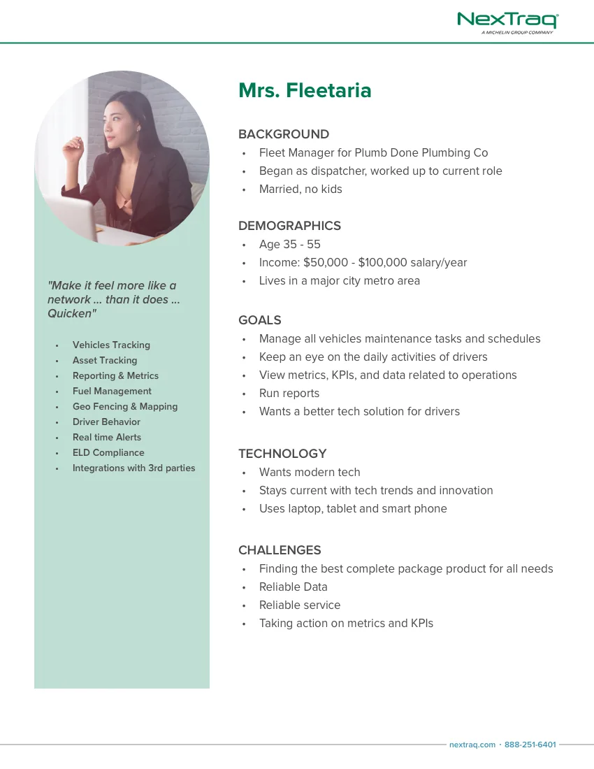 Mrs. Fleetaria — Primary user persona for NexTraq fleet management platform