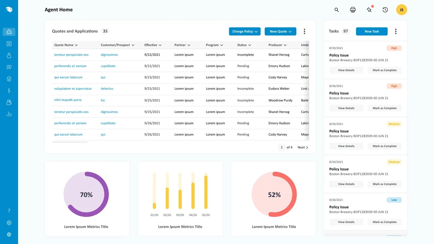 Redesigned OneShield Agent Home dashboard with data tables, metrics donut charts, and task sidebar
