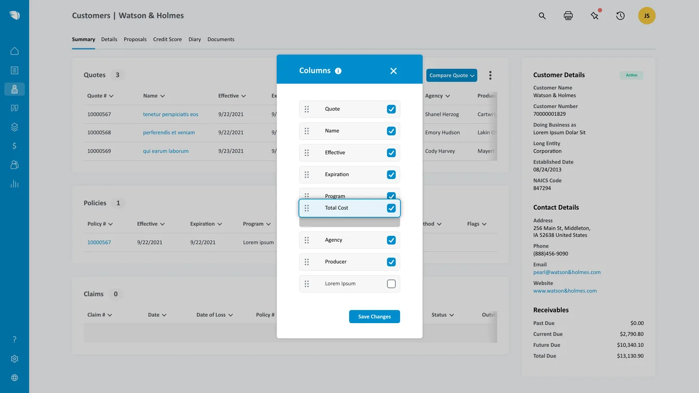 Customer detail page showing quotes, policies, claims summary with column customization modal overlay