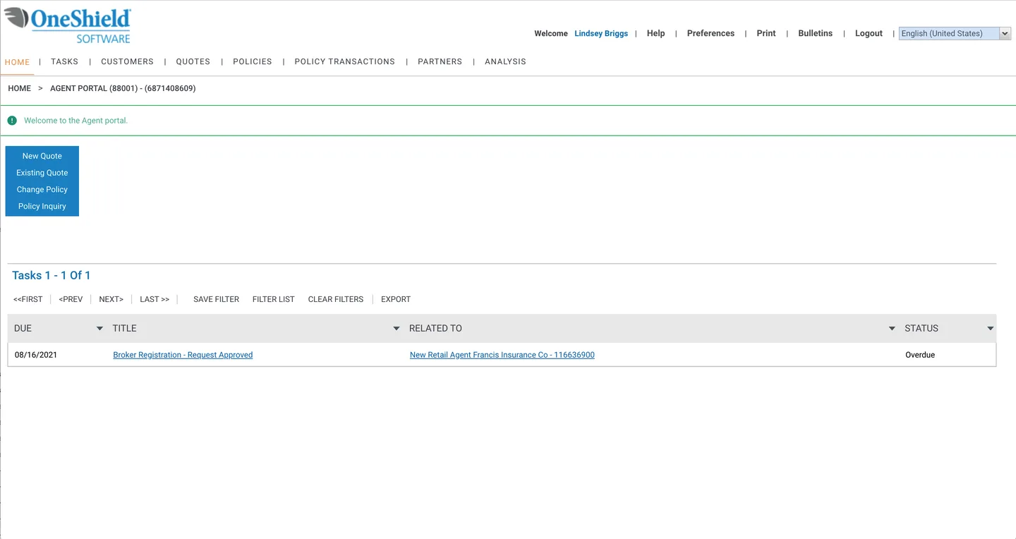 OneShield original Agent Portal homepage showing sparse text-based layout with basic navigation and task list