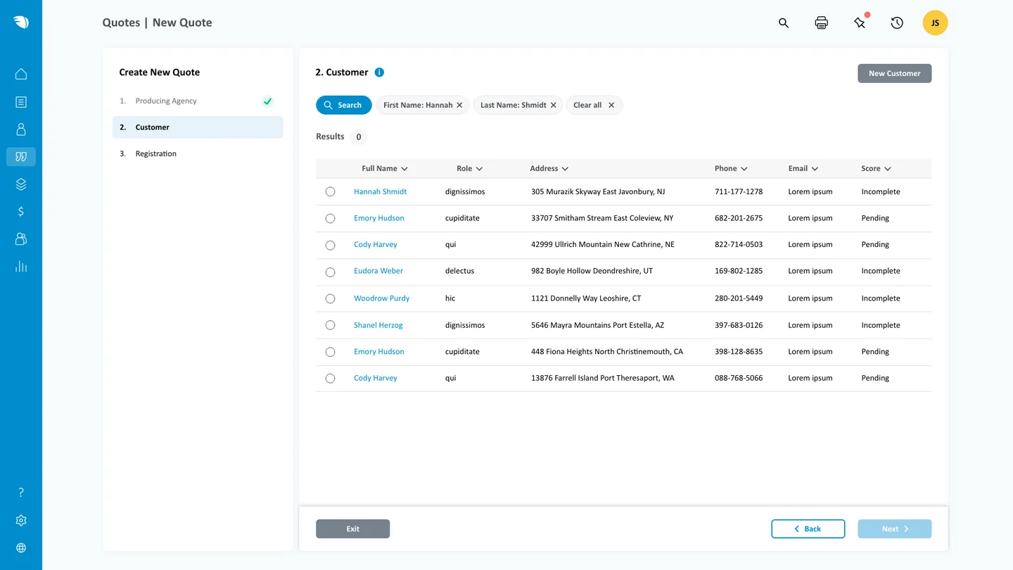 Quote wizard step 2 showing customer search results with full name, role, address, phone, email, and score columns