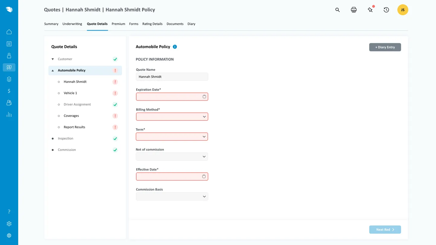 Quote details form with tree navigation showing automobile policy sections, validation states, and form fields