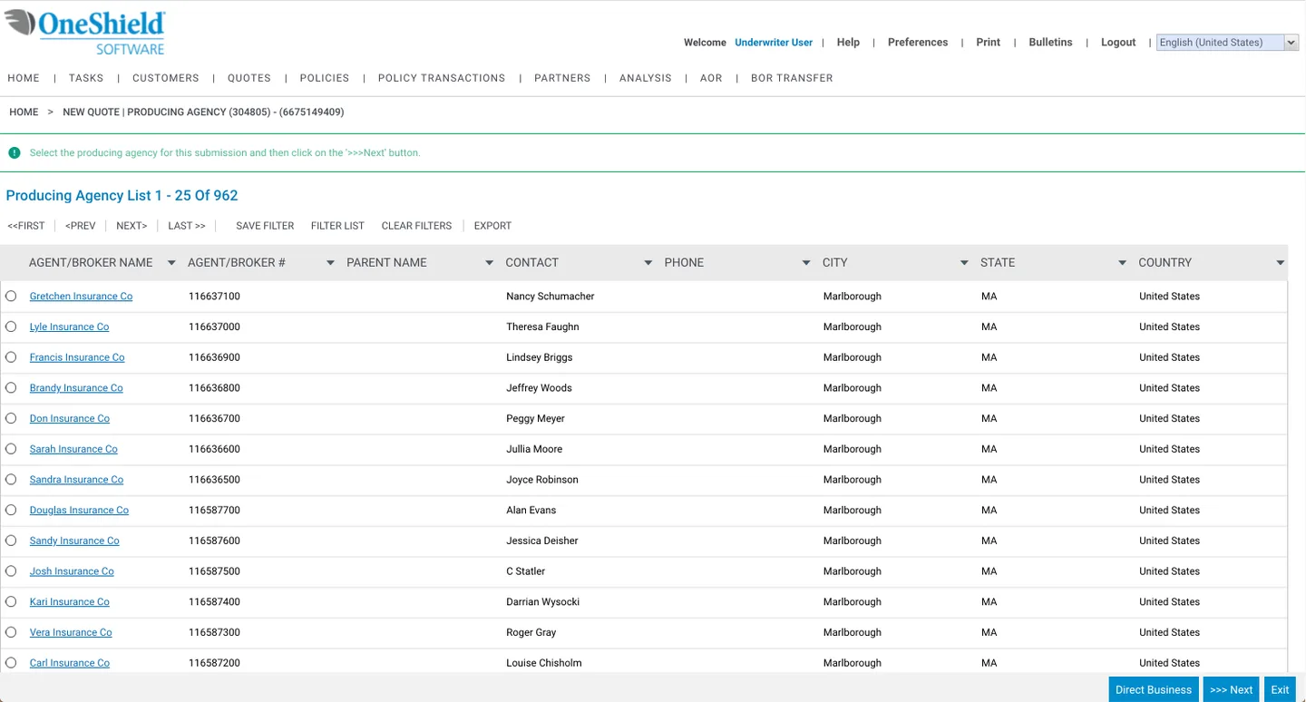 Original OneShield quote flow showing legacy table-based layout with text-only navigation