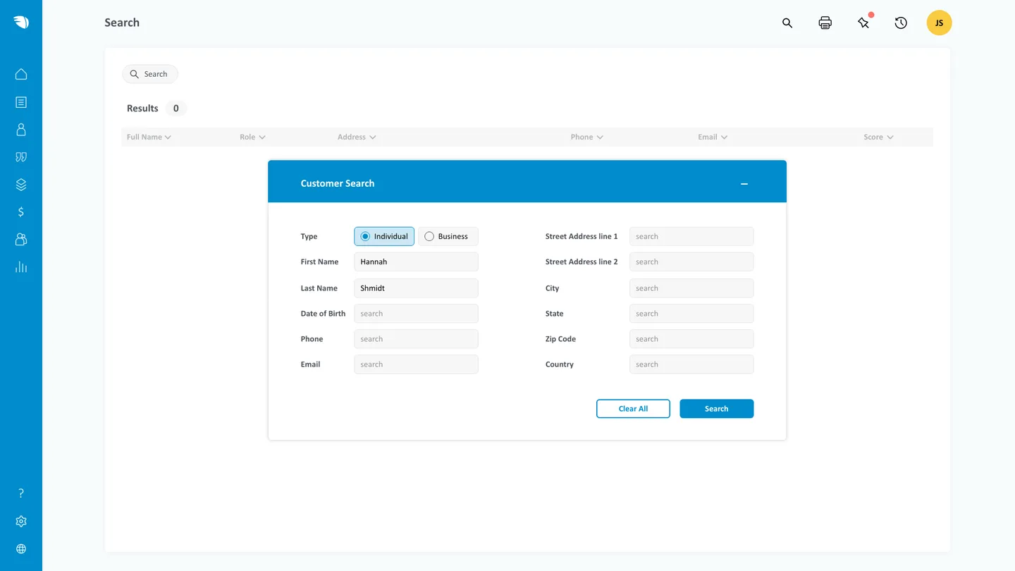 Redesigned customer search page with collapsible search modal, form fields for individual and business lookup