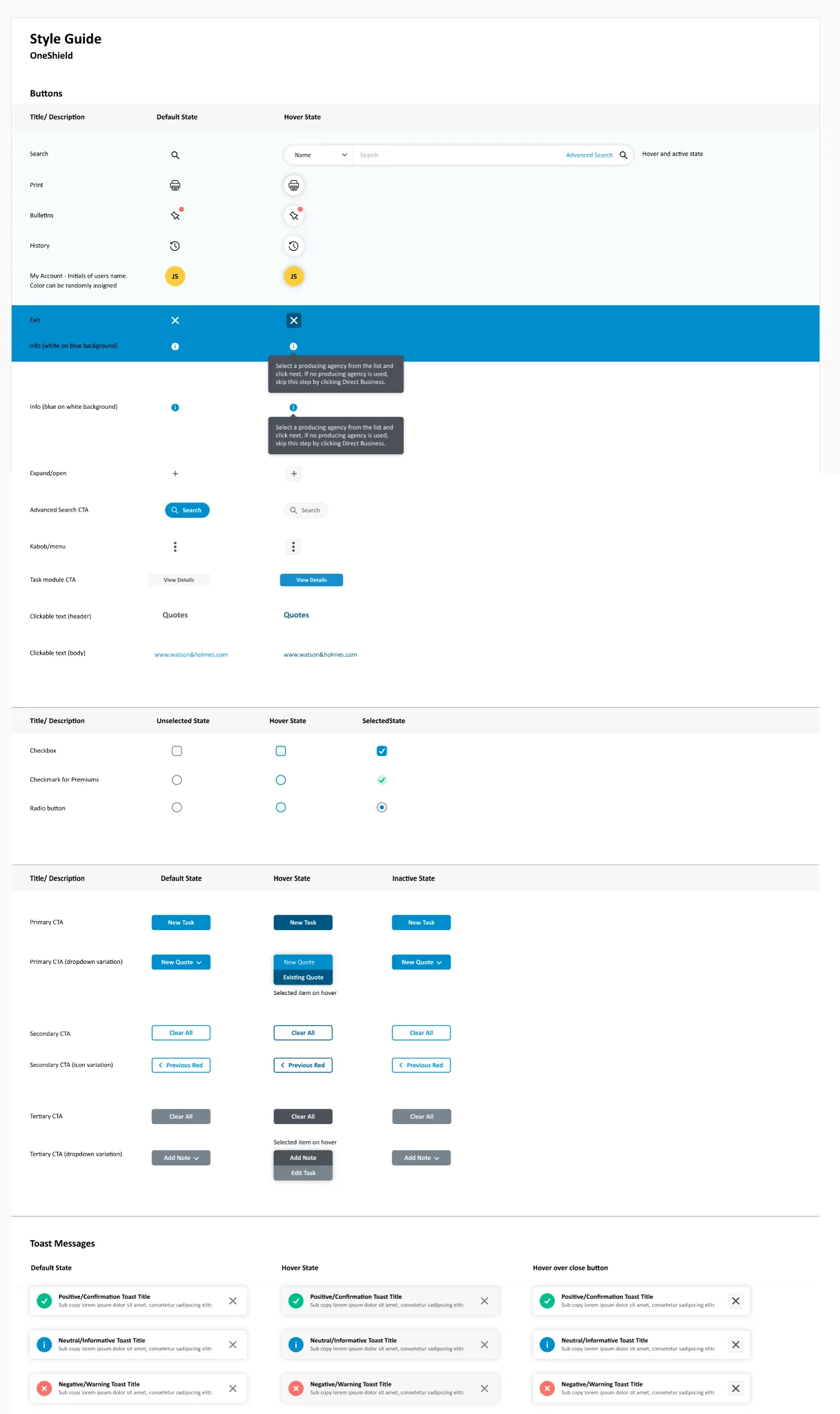 OneShield style guide showing button states, checkboxes, radio buttons, CTAs, and toast message patterns