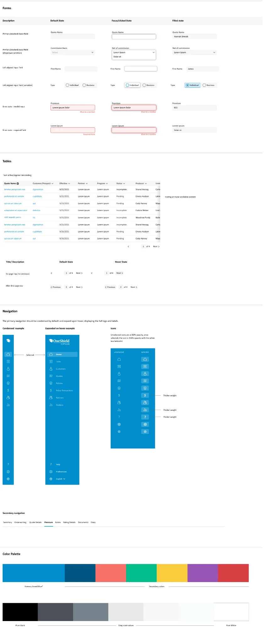 OneShield style guide showing form fields, tables, navigation patterns, and color palette specifications