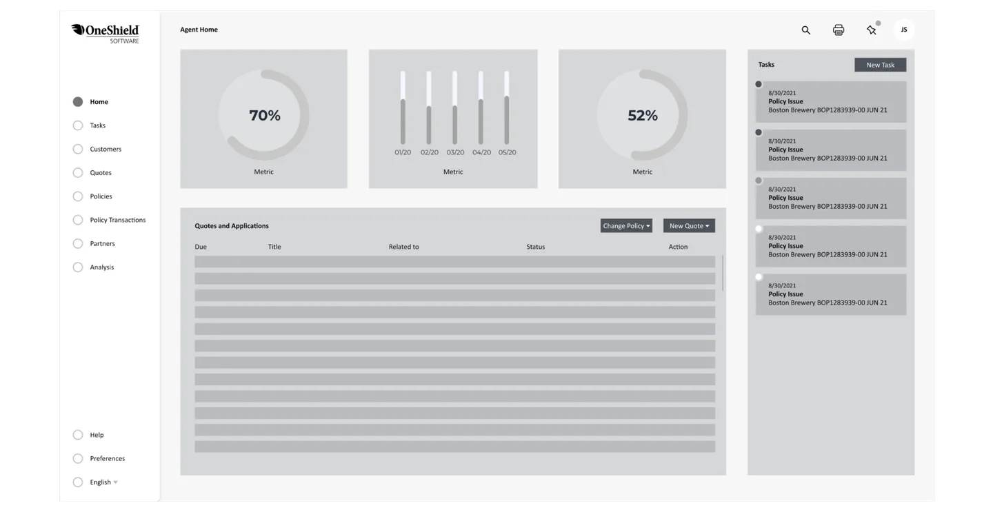 Wireframe of the redesigned Agent Home page showing dashboard metrics, data table layout, and task sidebar