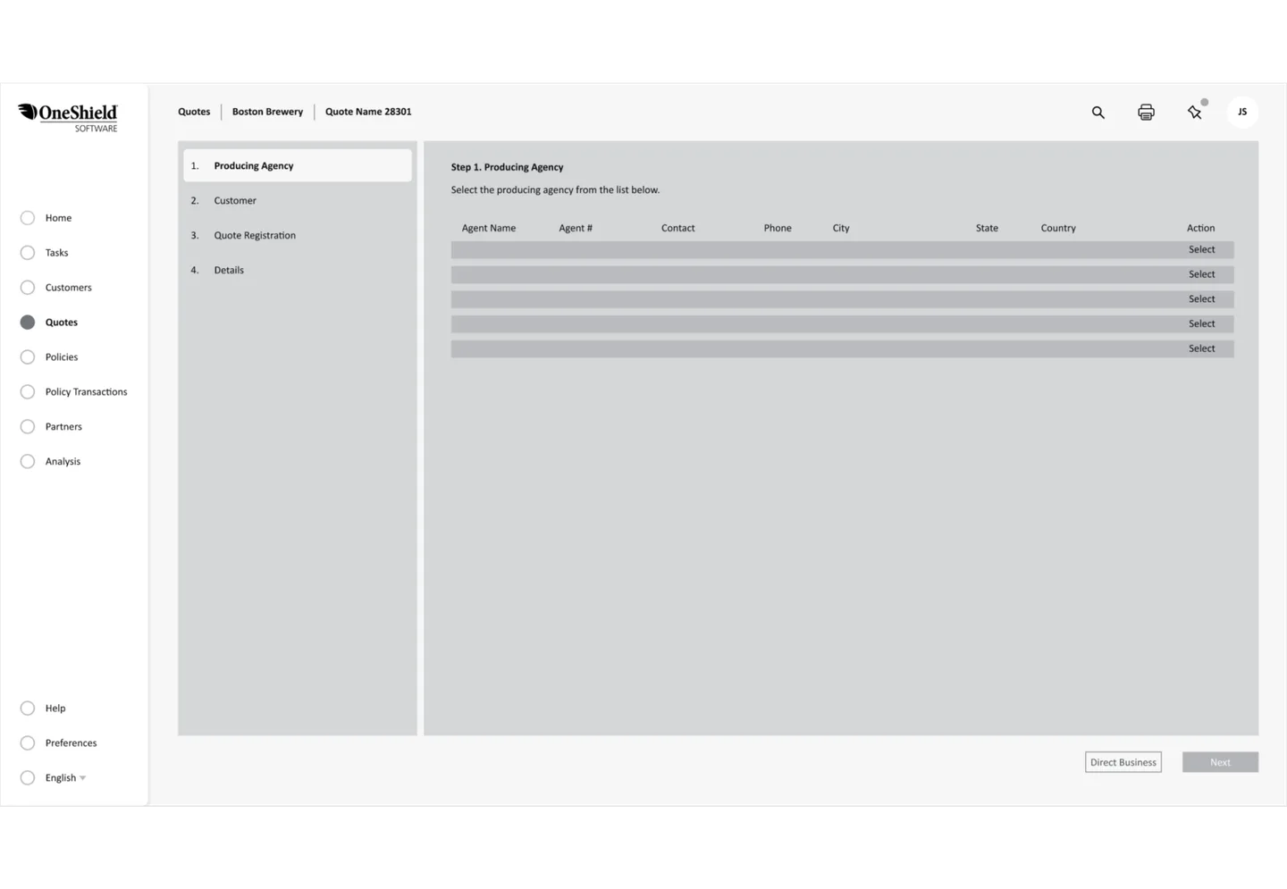 Wireframe of the quote wizard showing step-by-step navigation with producing agency selection table