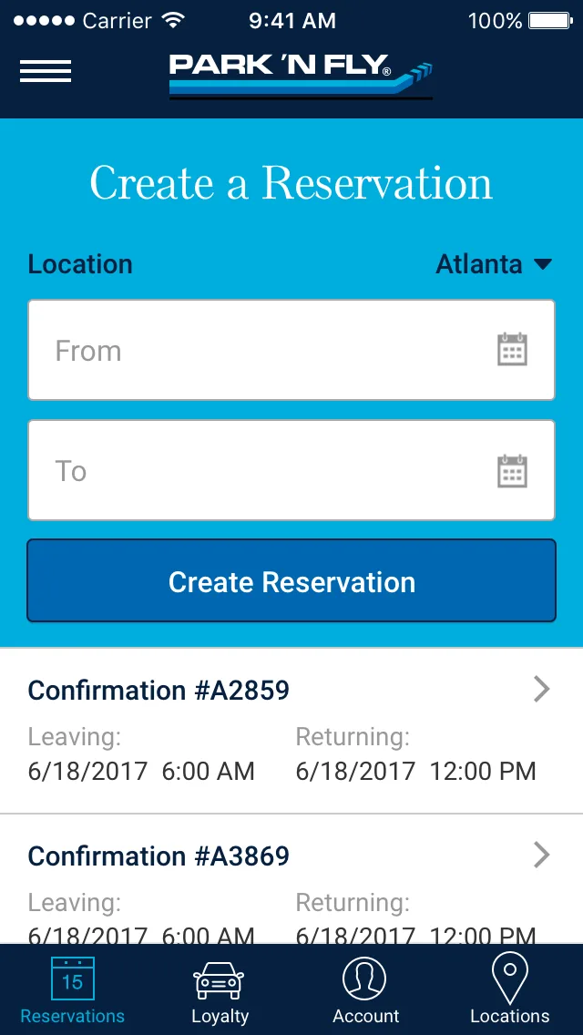 App wireframe: Create a Reservation screen with GPS location, dates, and past confirmations