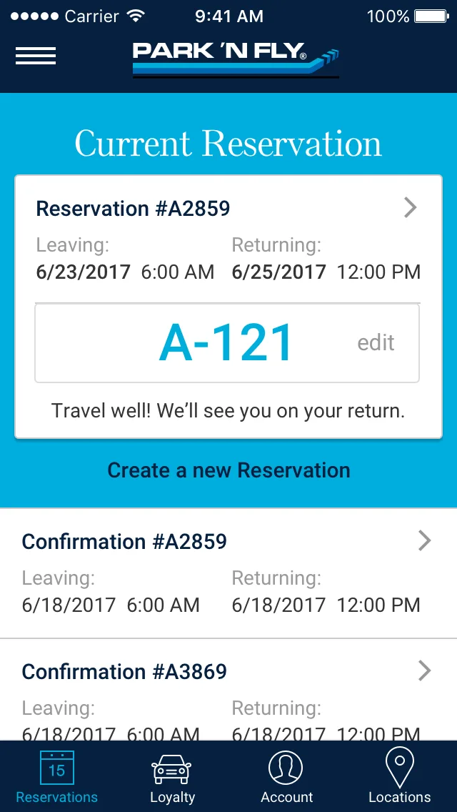 App wireframe: Space A-121 confirmed with Travel well message