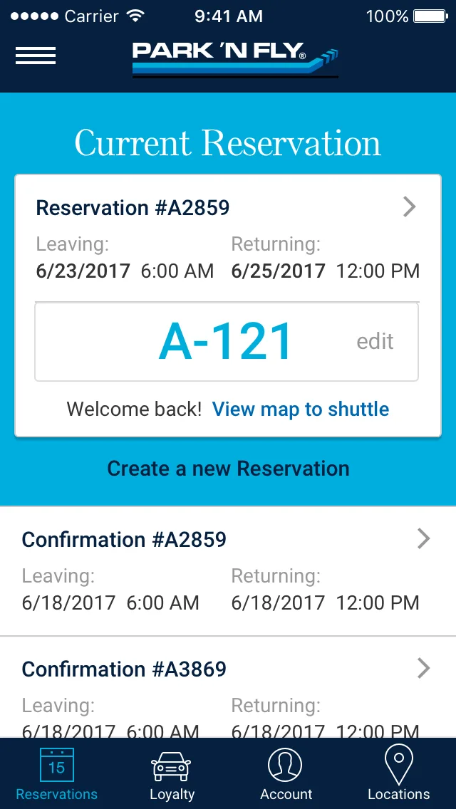App wireframe: Welcome back with space number and shuttle map link