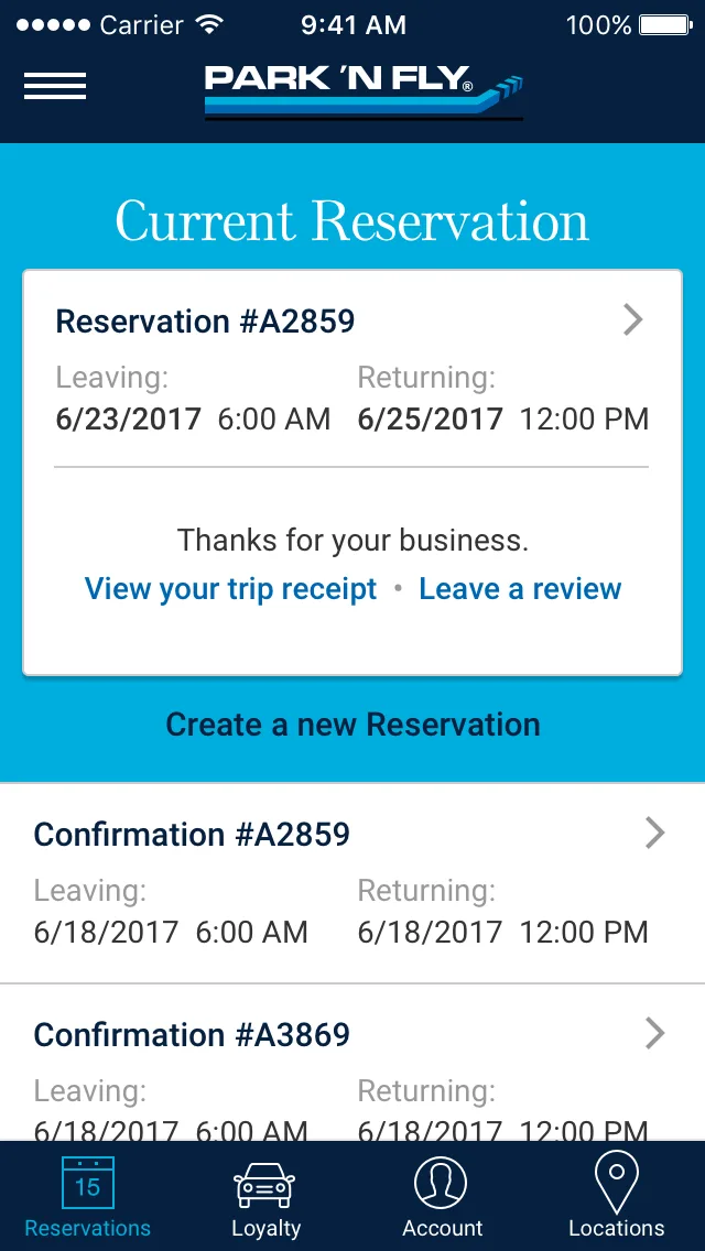App wireframe: Thanks for your business with receipt and review links